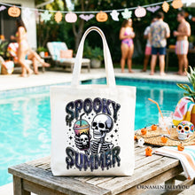Load image into Gallery viewer, Spooky Summer Skeleton Tote Bag, Snarky Halloween Gift Shopper for Coffee and Horror Fanatics
