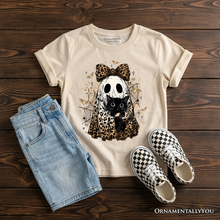 Load image into Gallery viewer, Kids Leopard Bow Ghost with Black Cat T-Shirt, Spooky Halloween Spider Web Youth Tee
