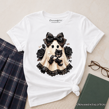 Load image into Gallery viewer, Kids Gothic Ghost with Black Cat T-Shirt, Black Rose Coquette Halloween Youth Tee
