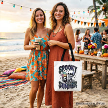 Load image into Gallery viewer, Spooky Summer Skeleton Tote Bag, Snarky Halloween Gift Shopper for Coffee and Horror Fanatics
