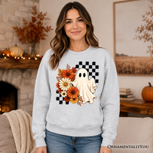 Load image into Gallery viewer, Checkered Floral Ghost Sweatshirt, Vintage Fall Halloween Daisy Sweater
