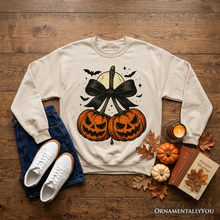 Load image into Gallery viewer, Pumpkin Cherries Coquette Bow Sweatshirt, Retro Halloween Fall Season Sweater for Sweet Autumn Girls
