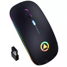 Load image into Gallery viewer, Black gaming mouse with RGB lighting and a small USB receiver on a white background

