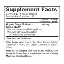 Load image into Gallery viewer, Organic Chaga Mushroom 20:1 Extract Supplement Facts showing 150mg per veggie capsule and 180 servings
