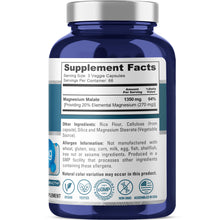 Load image into Gallery viewer, NusaPure Magnesium Malate bottle back label with Supplement Facts and vegan, non-GMO icons
