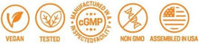 Load image into Gallery viewer, NusaPure supplement icons for vegan, tested, cGMP facility, non-GMO and assembled in USA
