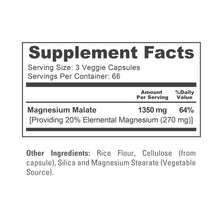 Load image into Gallery viewer, Magnesium Malate Supplement Facts showing 1350mg malate and 270mg elemental magnesium per 3 capsules
