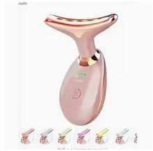 Load image into Gallery viewer, Pink LED neck and face massager with gold-tone head and multiple light color illustrations
