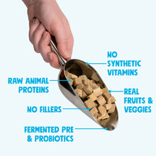 Load image into Gallery viewer, Hand holding a scoop of pet food with health benefits text on a white background
