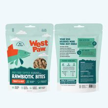 Load image into Gallery viewer, Front and back of a Rawbiotic Bites trout and beef dog food topper bag

