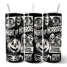 Load image into Gallery viewer, Night of Horrors Retro Halloween 20oz Personalized Tumbler With Lid and Stainless Steel Straw, Vintage Spooky Poster Gift Cup
