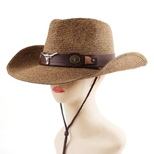 Load image into Gallery viewer, Western Cowboy Straw Hat Mixed Color Bell Crown Curling Brim Sun Hat Unisex
