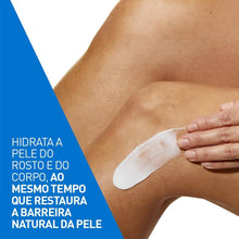 Load image into Gallery viewer, Person applying a skin care patch on their leg with text about skin hydration and barrier restoration.
