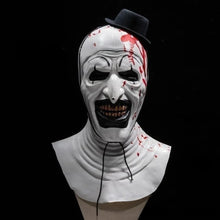Load image into Gallery viewer, Horror-themed mask with white face, red accents, and black hat on a black background
