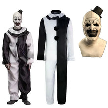 Load image into Gallery viewer, Halloween clown costume with black and white outfit and mask on a white background
