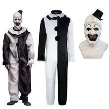 Load image into Gallery viewer, Clown costume with black and white outfit and mask on a white background
