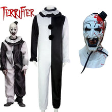 Load image into Gallery viewer, Horror clown costume with black and white outfit and mask on a white background, featuring the brand 'Terrifier'.
