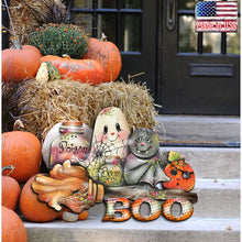Load image into Gallery viewer, Halloween-themed decorations with pumpkins, hay bale, and ghost figurines on a porch.
