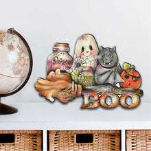 Load image into Gallery viewer, Decorative Halloween sign with ghost, cat, and potion bottle design on a white background.
