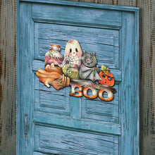 Load image into Gallery viewer, Decorative Halloween sign with ghosts, cats, and pumpkins on a blue wooden door.
