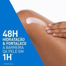 Load image into Gallery viewer, Person applying cream to their leg with a blue background and text about skin hydration and strengthening.
