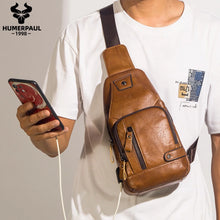 Load image into Gallery viewer, men's leather chest bag with charging port

