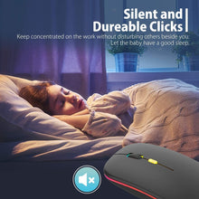 Load image into Gallery viewer, Person lying in bed with a mouse next to them, emphasizing silent and durable clicks.
