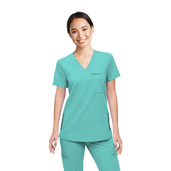 StitchGreen Women's Seaglass Three Pocket With Zipper Scrub Top Minimum Quantity 50 Pieces - StitchGreen